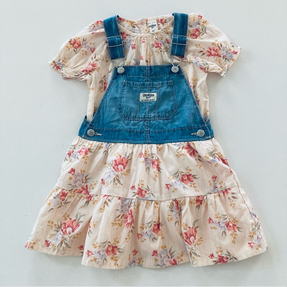 Oshkosh Toddler Girl 4T Floral Jumper Dress & Top Set Outfit New